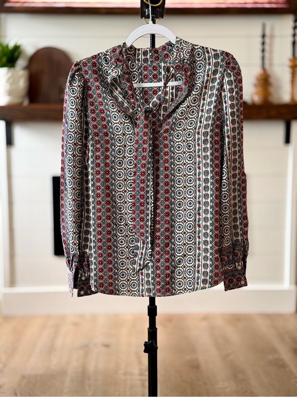 LOFT Cream, Red & Teal Geometric Puff-Sleeve Blouse